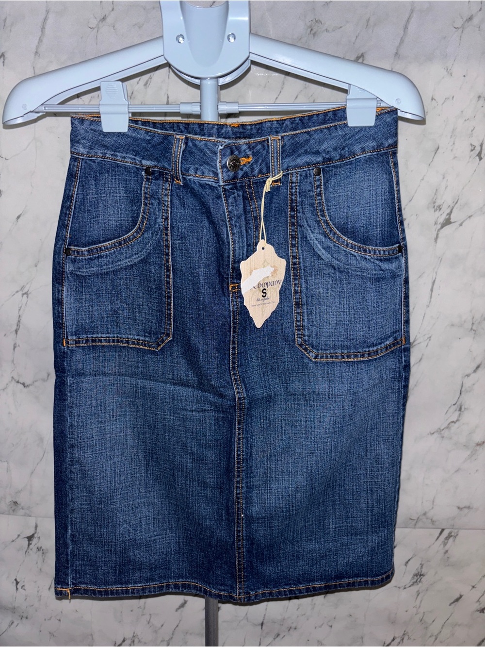 Women's Dark Blue Denim Midi Skirt with Front Patch Pockets
